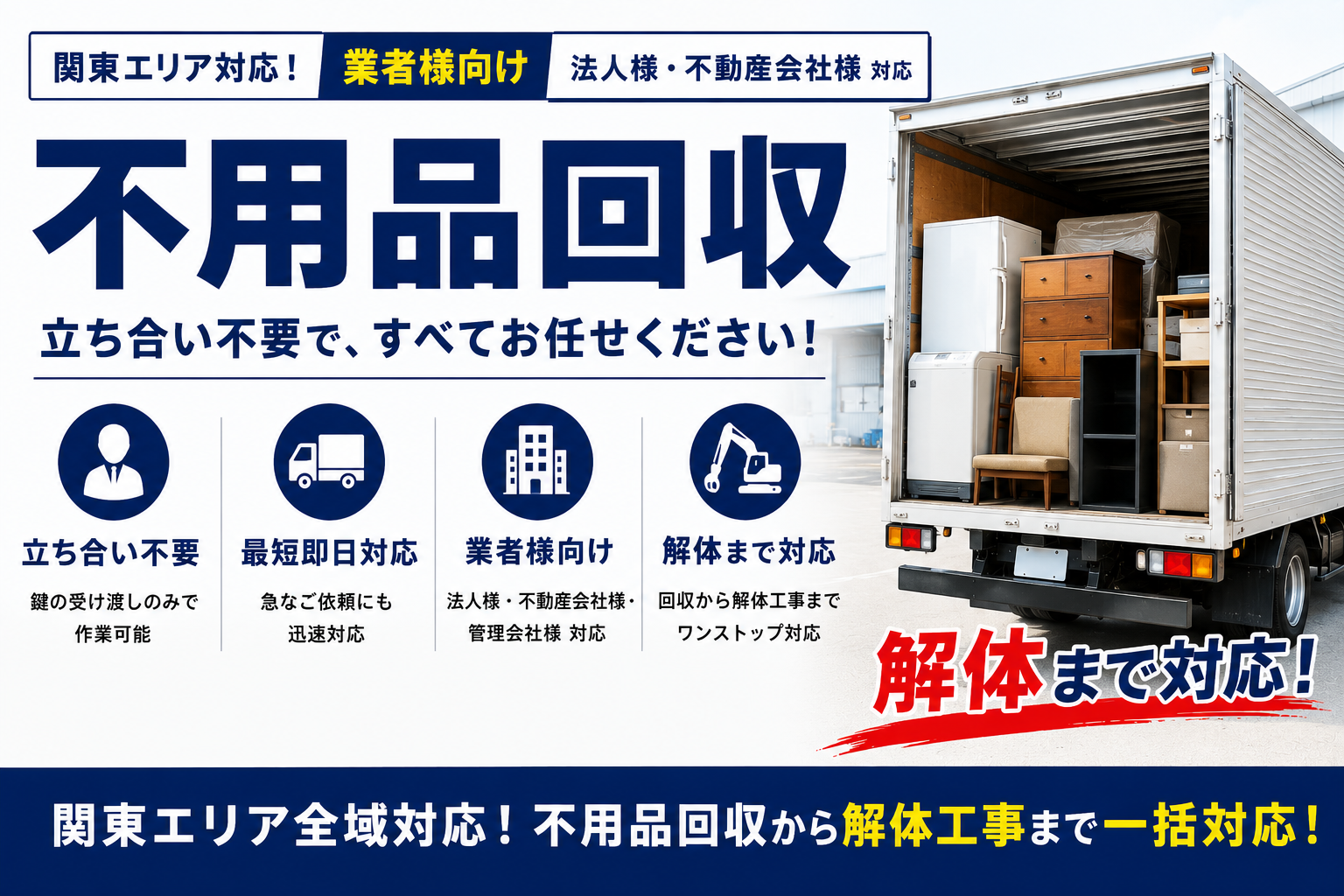 関東の業者様に最適！立ち合い不要でスピーディーな不用品回収と解体サービス