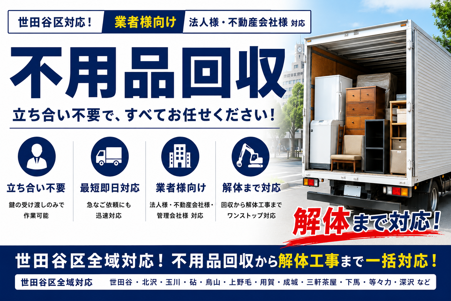 世田谷区の不用品回収をスムーズに！解体まで立ち合い不要で安心！